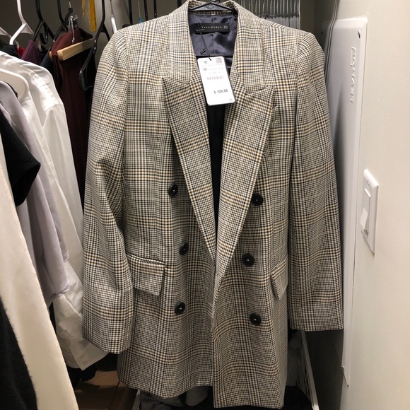 zara checked double breasted blazer